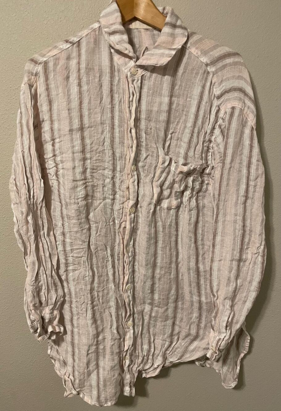 CP Shades Marella Linen Tunic Button Up Womens Medium Gray White Stripe Boho